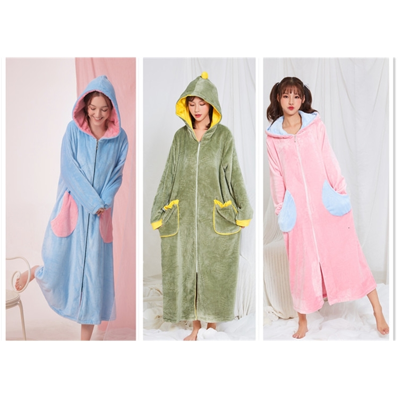 Winter Extra Long Warm Robe Women Hoody Coral Fleece Thermal Bathrobe Thick Flannel Nightwear Bath Robe Sleepwear Dressing Gown 210203
