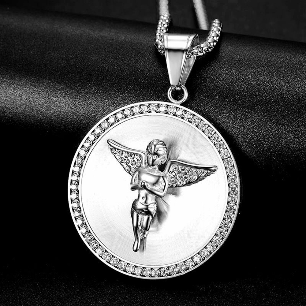 Mens Stainless Steel Angel Pendant Necklace Hip Hop White Zircon Bling 18K Gold Plated Religious Jewelry