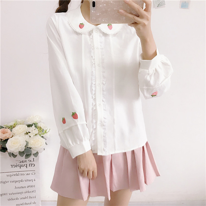 Wohreb Japanese Kawaii Long Sleeve White Blouses Summer Sweet Strawberry Embroidery Shirt Elegant Ruffle Blusas 21686 210225