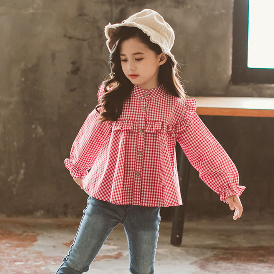 Girls Blouse Plaid Pattern Blouse Girl In School Ruffle Blouse Long Sleeve Spring Autumn Children Shirt 210306
