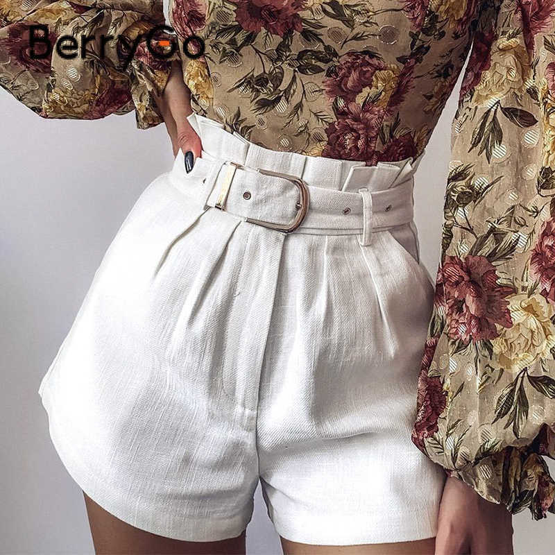 BerryGo White cotton high waist women shorts Summer ruffled belt female short bottoms Fashion short pants streetwear Shorts 210611