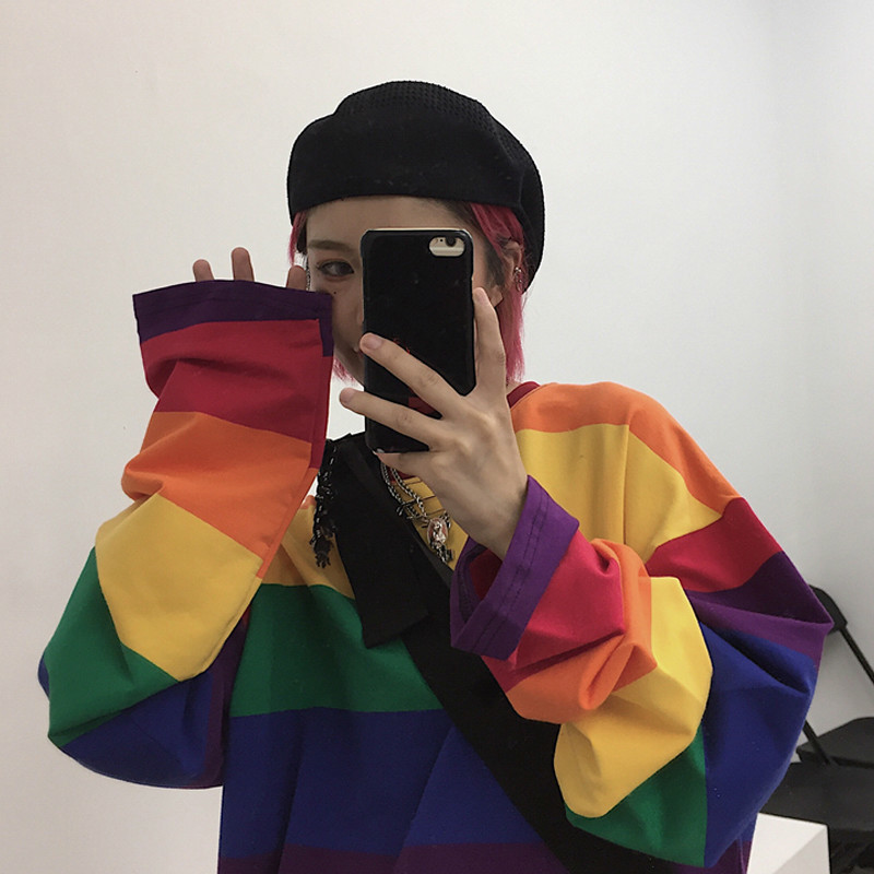 Neploe Plus Size Causal Cotton T Shirt Women Striped T-shirt Rainbow Shirt Female Harajuku Loose Top Shirts Punk Style Top 56318 210302