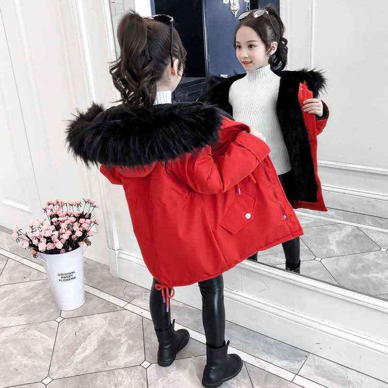 Girls Winter Coat Child Mid Length Thick Jacket and Velvet Cotton Kids Hooded Warm Outerwear Clothes for 12 Year 211222