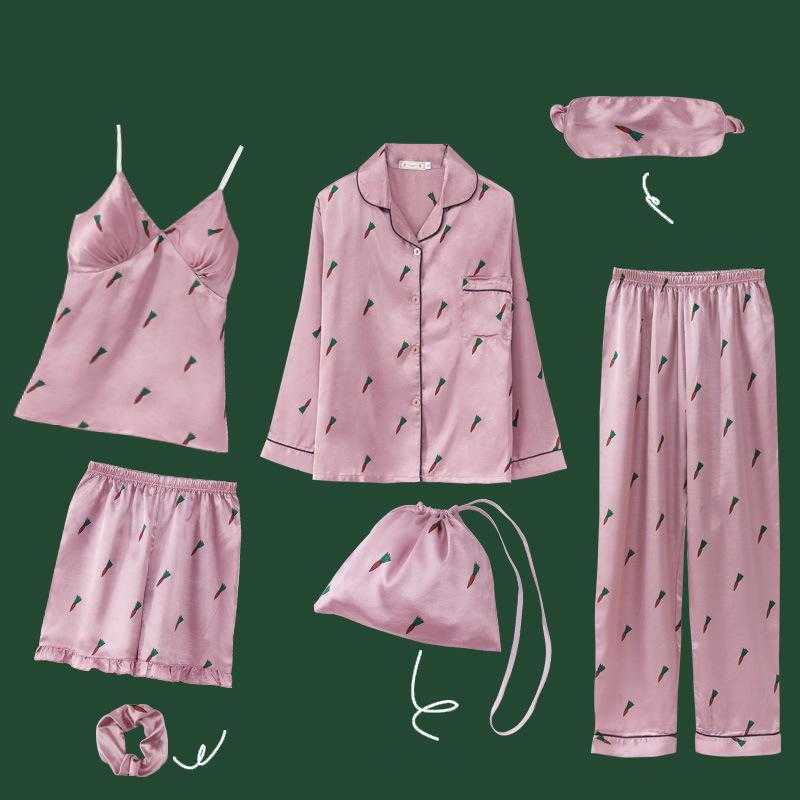 Yellow Satin Sleep Set Print Pajamas Suit For Women Spring Autumn Nightwear Home Clothing Casual Sleepwear Intimate Lingerie Q0706