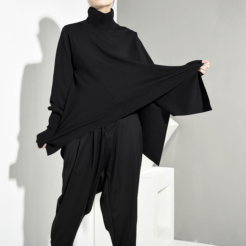 EAM Loose Fit Black Oversize Back Long Sweatshirt High Collar Long Sleeve Women Big Size Fashion Spring Autumn OA8690 201126