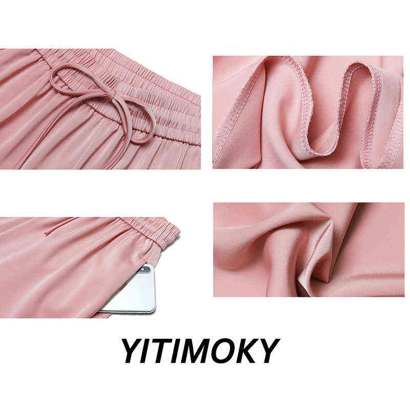 Yitimoky Satin Silk Pants Women Wide Leg Loose Drawstring Office White Fashion Black Elastic High Waist Trousers 211115