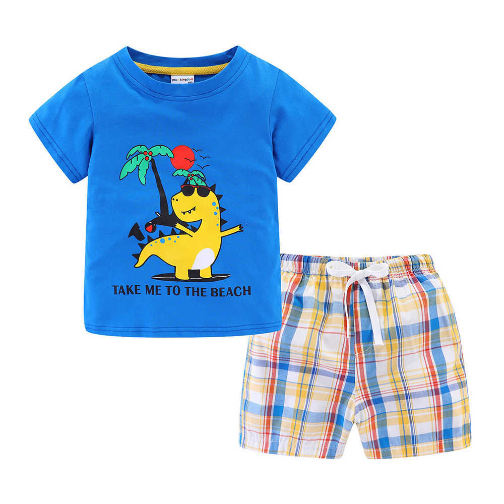 Mudkingdom Summer Plaid Short Set for Boys Beach Holiday Outfits Dinosaur Cute T-Shirt and Drawstring Kids Clothes Suit 210615
