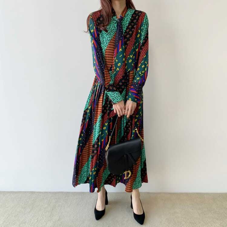 Chic Korean Retro Pattern Twill Print Lace Up Bow Long Full Dresses for Women 210615Z