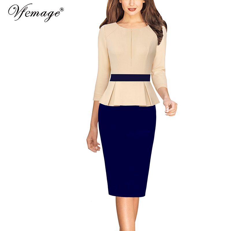 Vfemage Womens Autumn Front Zipper Peplum Solid Colorblock Contrast Work Business Office Party Sheath Bodycon Pencil Dress 671 201008