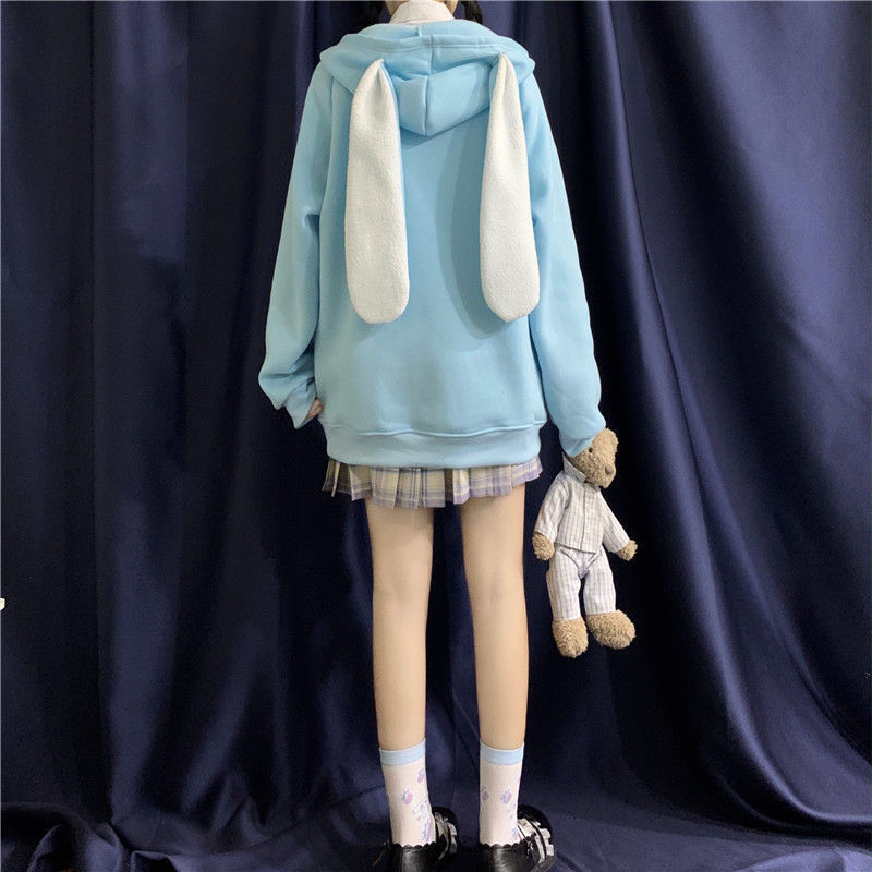 HOUZHOU Korean Style Women Hoodies Winter Fashion Kawaii Rabbit Ears Sweatshirt Long Sleeve Loose Embroidery Zip Up Hoodie 201211