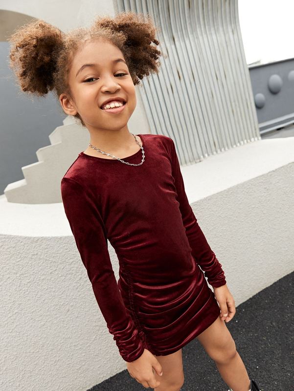 Girls 1pc Drawstring Side Ruched Velvet Dress SHE
