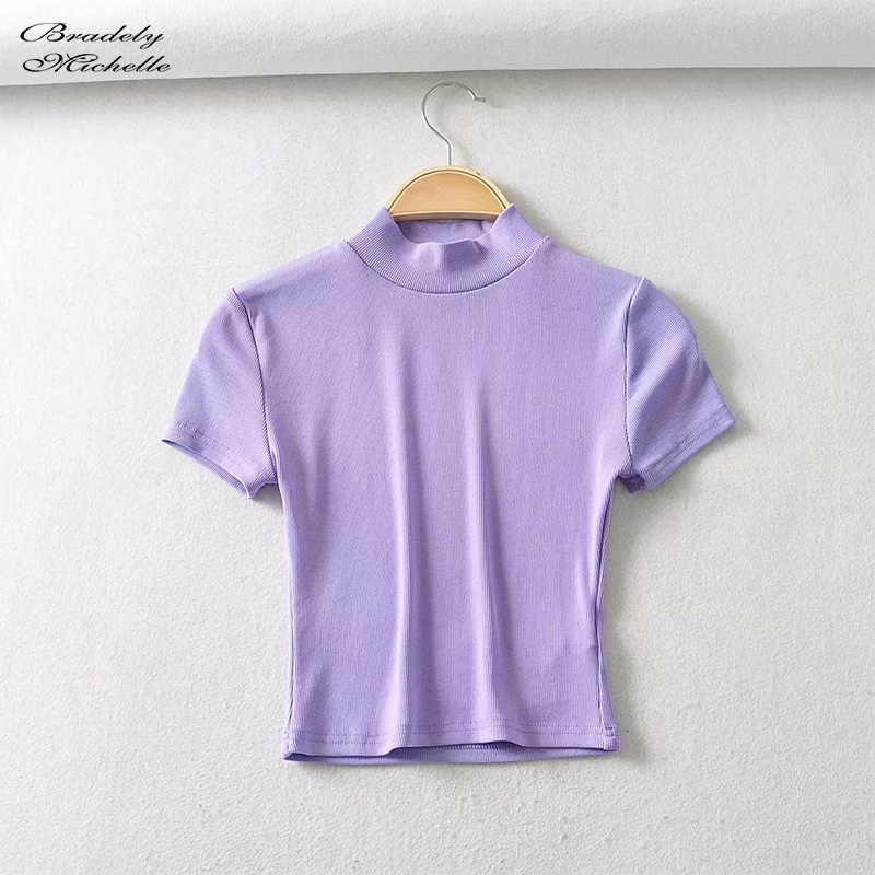 Bradely Michelle Fashion Casual Summer Woman Slim Fit t-shirt tight Cotton Short-Sleeve Turtleneck tee Crop Tops 210302