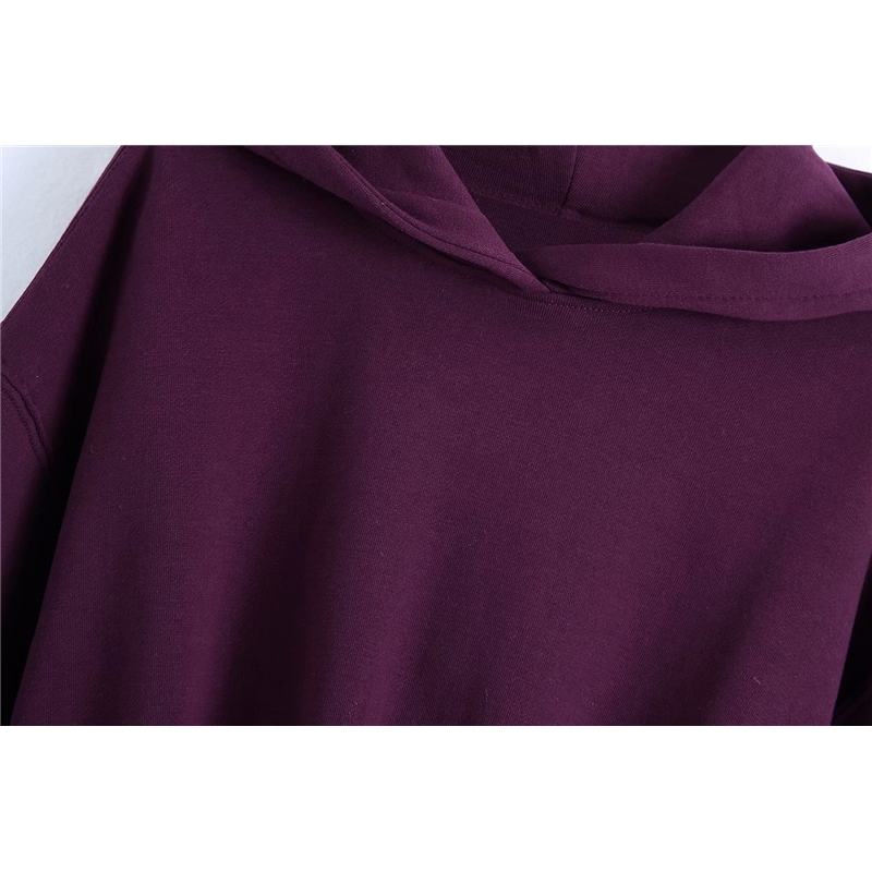 Causal Women Sport Purple Hoodies Fashion Ladies Solid Short Tops Streetwear Female Chic Elastic Waist Pullovers 210527