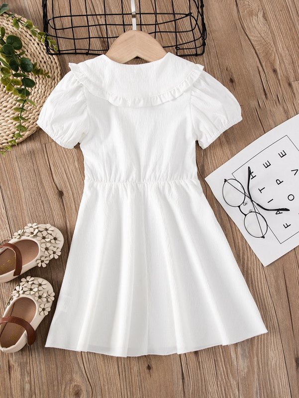 Toddler Girls Floral Embroidered Frilled Statement Collar Puff Sleeve Dress SHE