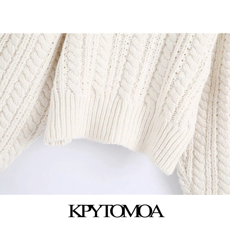 KPYTOMOA Women Fashion With Rhinestone Buttons Cropped Cable-Knit Sweater Vintage Lantern Sleeve Female Pullovers Chic Tops 210218