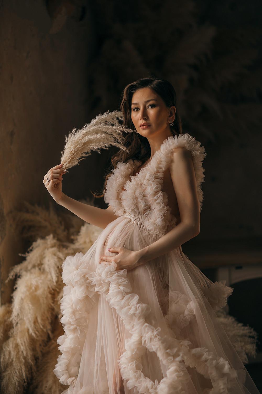 Long Elegant Evening Dress 2021 V-neck Champagne Tulle Maternity Dresses for Photo Shoot Robe Pregnant Women Fomral Gowns