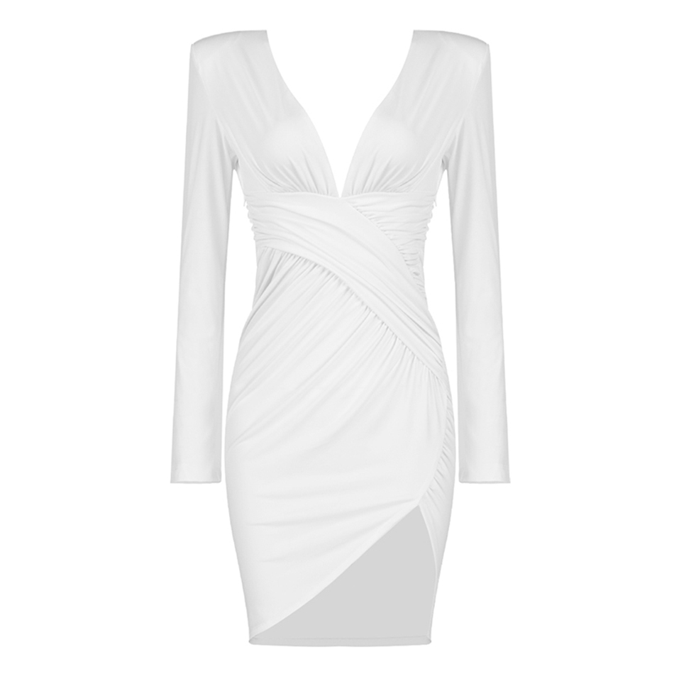 Summer Women's Club Party Tight Dress Sexy V-neck Long Sleeve Draped Fashion White Mini Celebrity Runway 210525