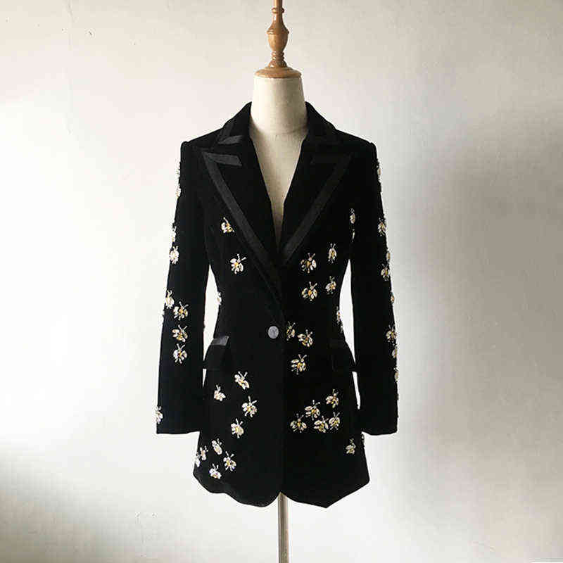 Top Fashion Women's High Street Luxury Black Velvet Blazers Notched Animal Bee Beading Fit Blazer Coat 211122