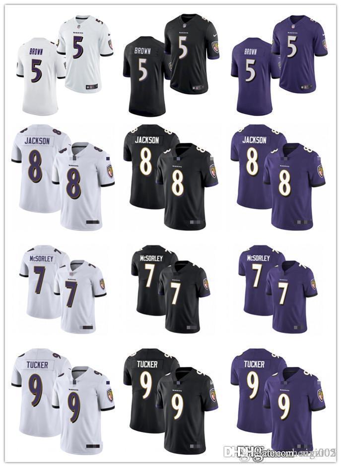 Men Women Youth 8 Lamar Jackson 9 Justin Tucker 5 Marquise Brown 7 Trace McSorley Black Purple White CUSTOM Football Jersey, Black;red
