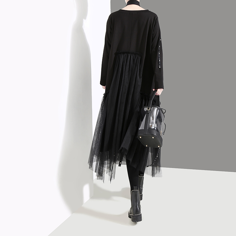 New Plus Size Woman Winter Solid Black Loose Dress Long Sleeve Mesh Overlay Tapes Ladies Casual Style Midi Dress Robe Femme 4564 210309