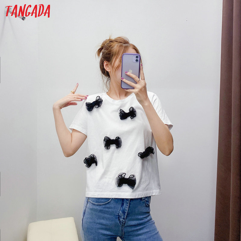 Tangada women bow tie decorate cotton T shirt short sleeve O neck tees ladies casual tee shirt top BE570 T200512