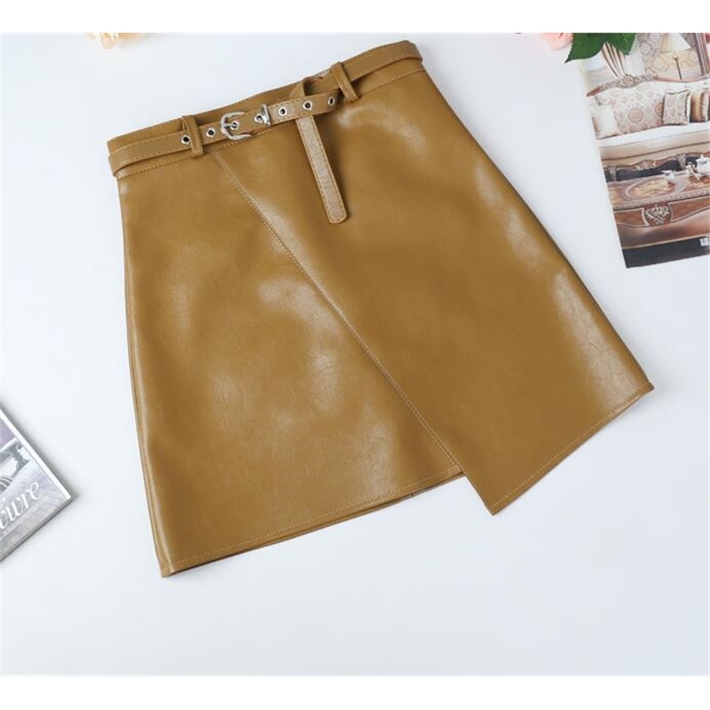 Winter Women PU Leather Irregular Skirt With Belt High Waist Slim Faux Leather Skirts Feminina Vestidos 210306
