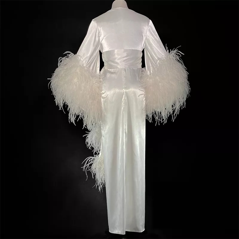 White Kinono Sleepwear Gowns Prom Dresses Luxury Feather Maternity Robes Women Photoshoot Bathrobe Fluffy Party Custom Made