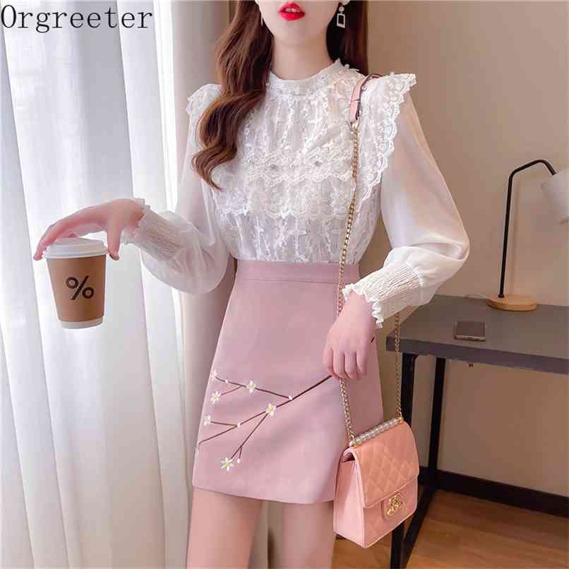 Spring Temperament Lady Cute Beaded Ruffles Lace Patchwork Chiffon Shirt Embroidery Mini Skirt Two-Piece Set Women's Outfits 210602, White and pink
Spring Temperament Lady Cute Beaded Ruffles Lace Patchwork Chiffon Shirt Embroidery Mini Skirt Two-Piece Set Women's Outfits 210602, White and pink