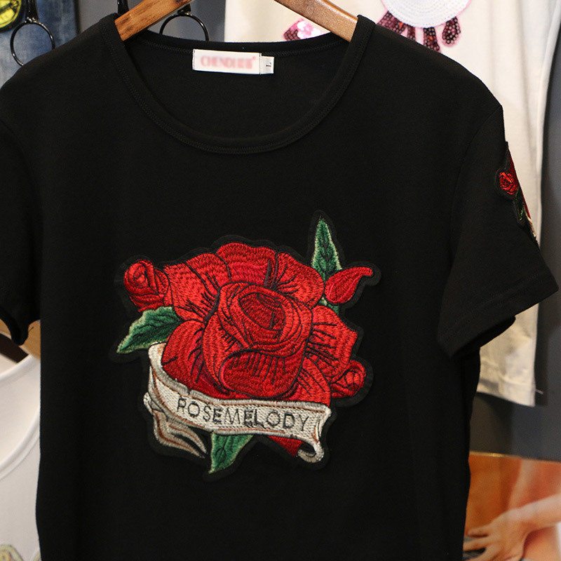 Rose Embroidered T-shirt women summer New Short sleeve Pullovers black cotton round neck casual loose plue size clothes top 210306