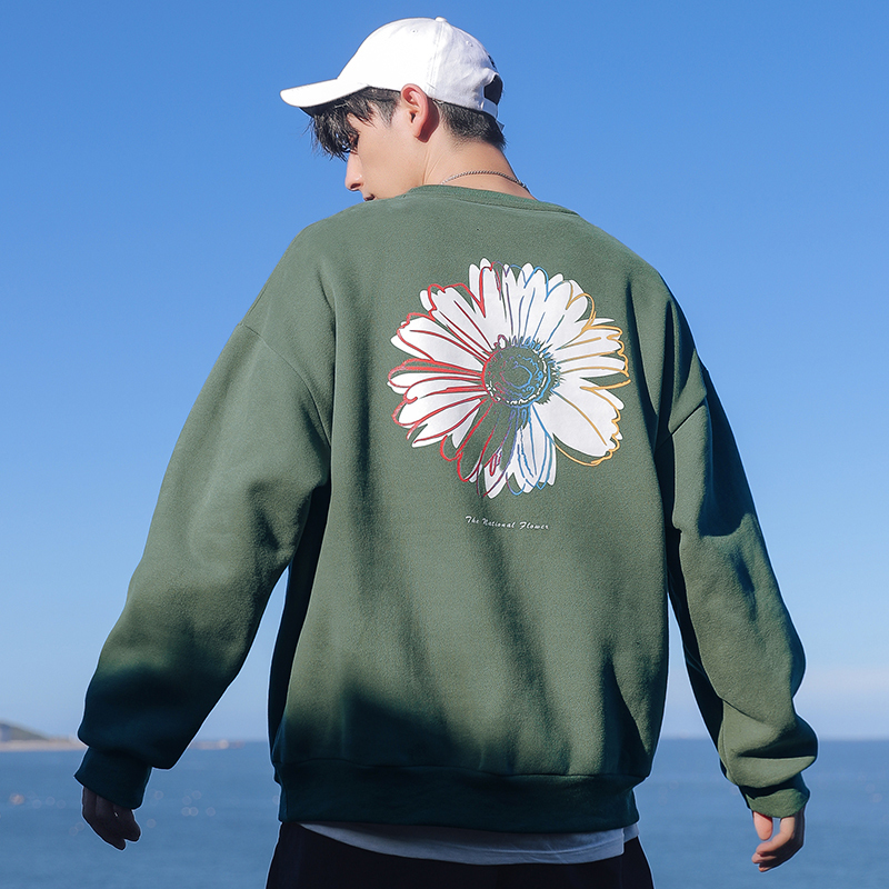 TFETTERS Autumn Winter Korean Fashion Crewneck Sweatshirt Men Long Sleeve Thick Daisy Flower Print Loose Couple Sweatshirt 201020