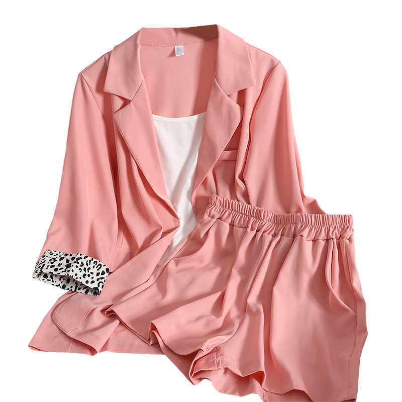 DEAT Summer Fashion Casual Leopard Print Roll Sleeve Cardigan Coat + Thin Wide Leg Shorts With Two-piece Set SK049 210709