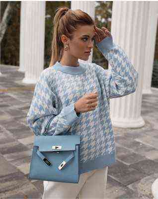 Women Casual Houndstooth Lady Pullover Sweater Female Autumn Winter Retro Jumper Women Geometric Blue Knitted Sweater Femme 211109