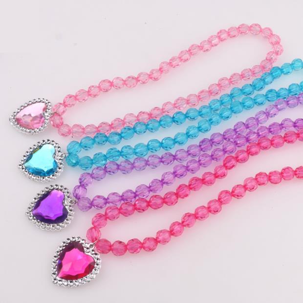 Beads Necklace and Bracelet Set for Kids Girls Jewelry with Crystal Heart Pendant Dress Up Pretend Play Party Favor Pink Blue Purple