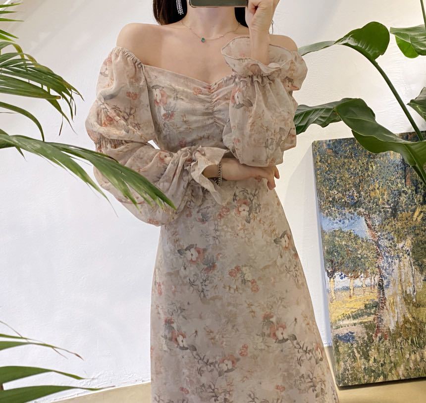 Korean Sweet Romantic Floral Print Dresses Chiffon Puff Sleeve V-neck Chic Vestidos Vintage Elegant Pleated Dress 25535 210422