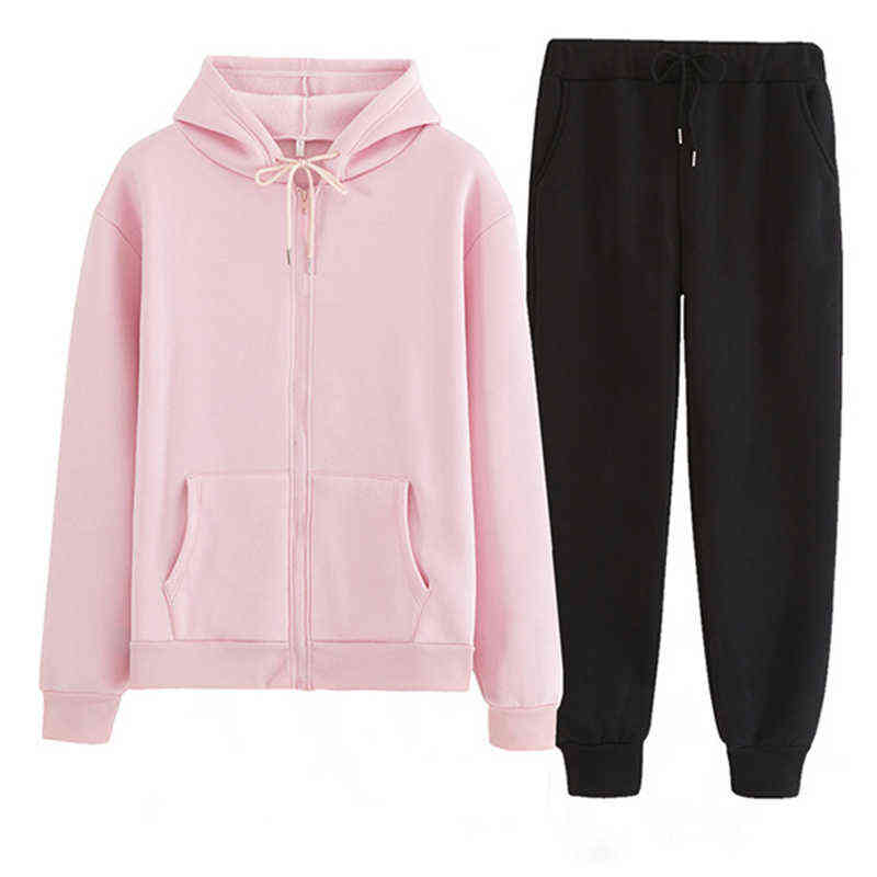 Women Tracksuit Men 2 Pieces Set Autumn Winter Hooded Sweatshirt+Pants Solid Color Zipper Hooded with Pockets Sportswear Outfits 211116