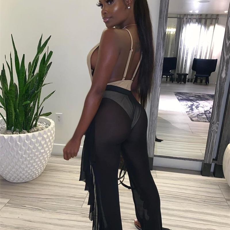 Echoine Sheer Mesh Ruffle Pants Beach Cover Up See Through Long Pants Bikini Cover Up Bottoms Swimsuit Swimwear Summer Black T200608