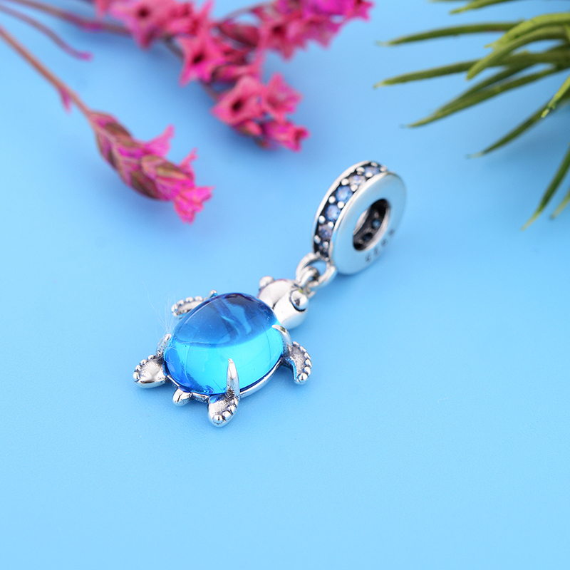 Fit Original Brand Charm Bracelet Authentic 925 Silver Cute Animal Tortoise Deep Blue Murano Glass Turtle Pendant Bead For Making Berloque