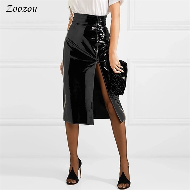Sexy Black Split Side Patent Leather Pencil Skirt Women's High Waist Knee Length Elegant Office Lady's Latex Custom 210621