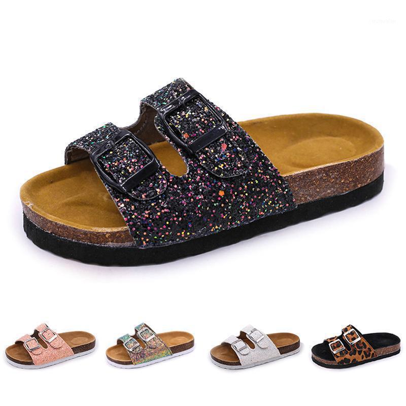 Summer Beach Shoes Kids Slippers For Girls Cork Sandals Bling Sequins Parent-child Shoes Leopard Barefoot Slippers High Quality1, White
