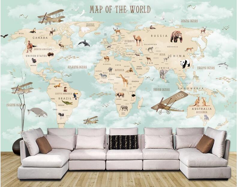 Custom wallpaper world map background wall decoration children's room map hot air balloon background 3d wallpaper mural