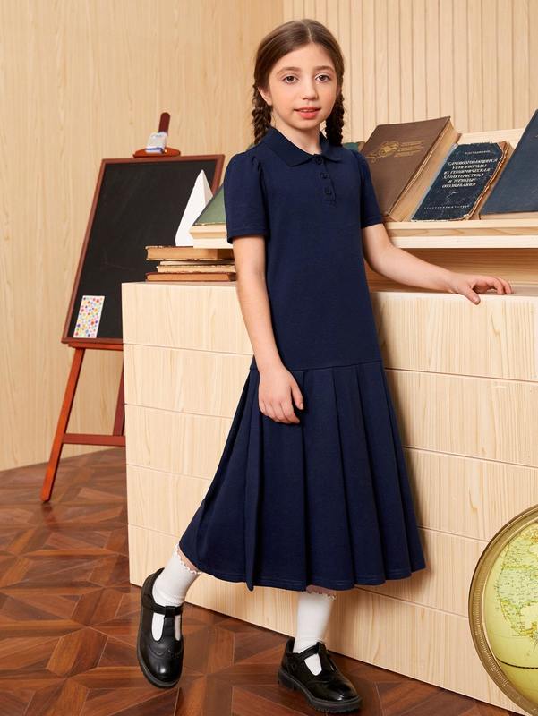Girls Solid Pleated Hem Half Button Front Collared Dress SHE