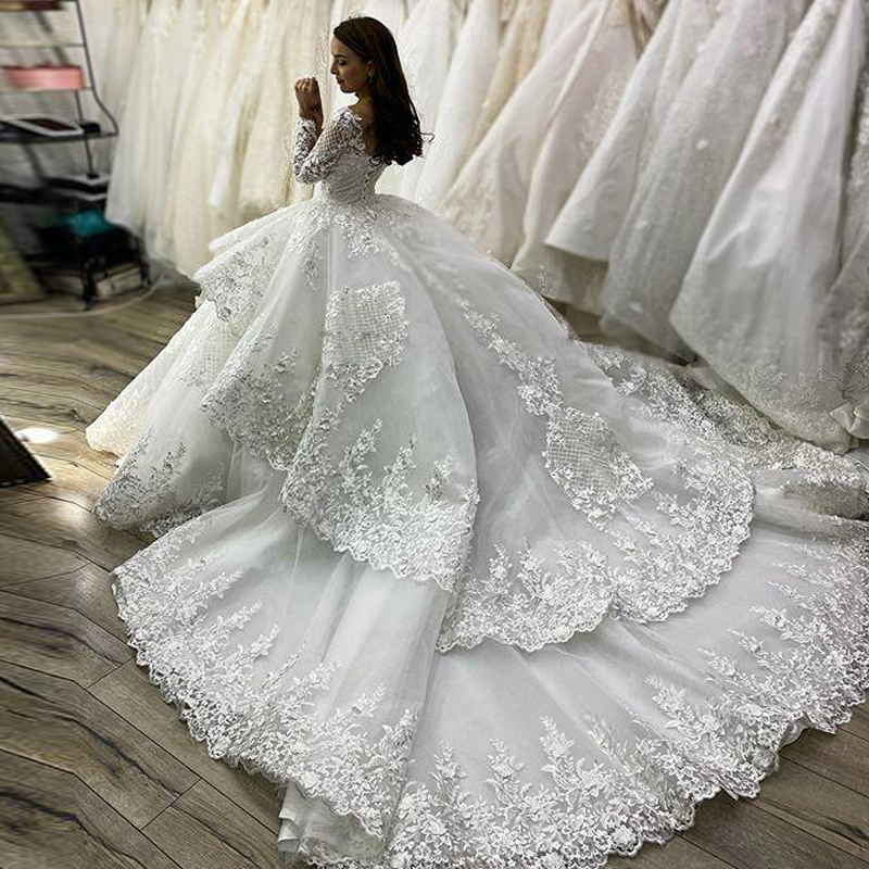 2021 Cathedral Train Lace Ball Gown Wedding Dresses White Ivory Appliqued Beaded Long Train Full Sleeve Tulle Wedding Gowns Bride Dress