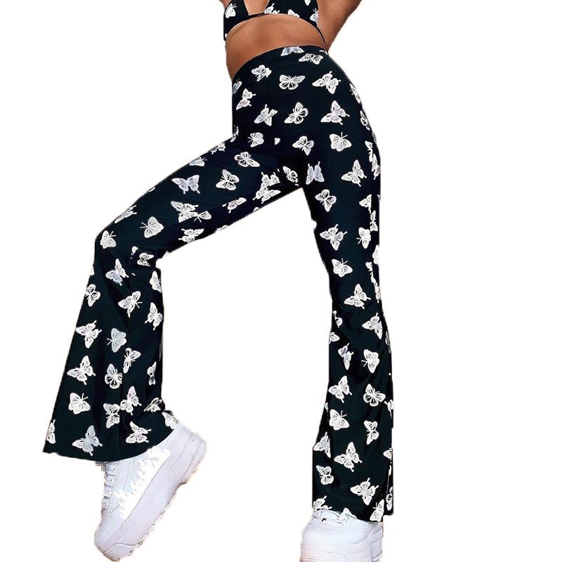 2021 Autumn Butterfly Reflective Boot Cut Long Pants Women Casual High Waisted Trousers Lady Flare Pants Streetwear Casual Pant
