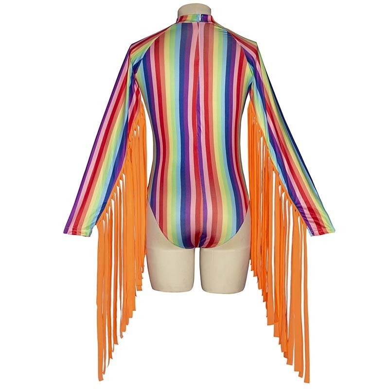 Beyprern Womens Goddess Tassle Fringe Bodysuit Fashion Long Sleeve Rainbows Striped Short Jumpsuit Festival Outfits Rave Wears Y200904