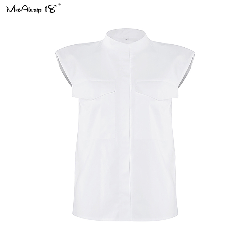 Mnealways18 Casual Sleeveless White Shirt Women Summer Office Blouse Ladies Shoulder Padded Top Button Shirt Stand Collar 210225