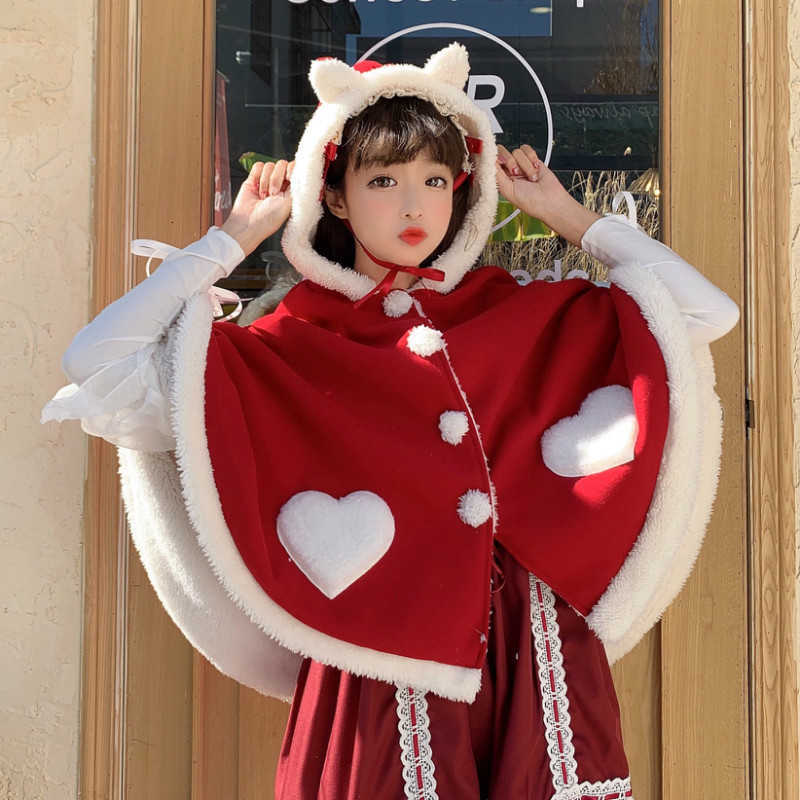 Women's Hoodies & Sweatshirts Kawaii Girls Cute Women Pink Lolita Fleece Warm Cat Ears Hooded Cape with Heart Christmas Red Cospla