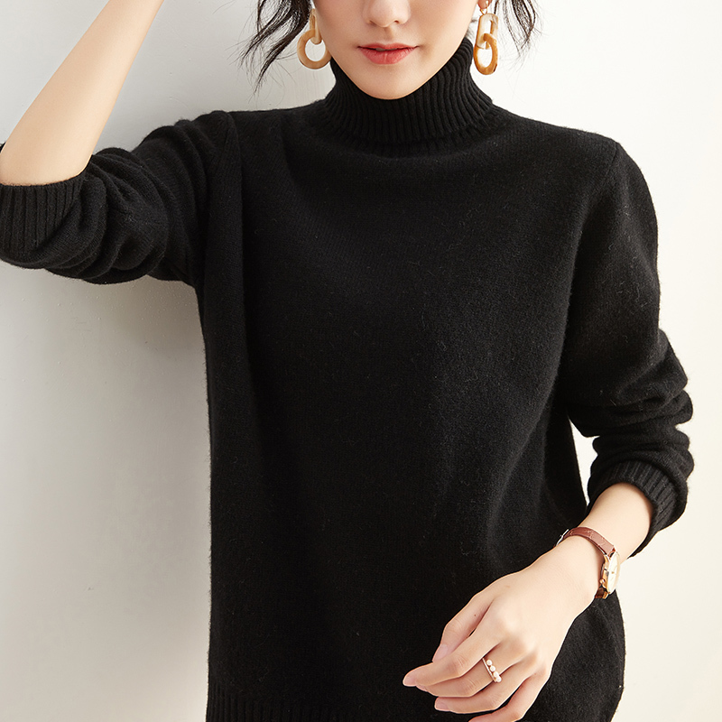 Sweater women's new high lapel pullover pure color loose wild knitting Wool base warm cashmere turtleneck sweater large size 210218