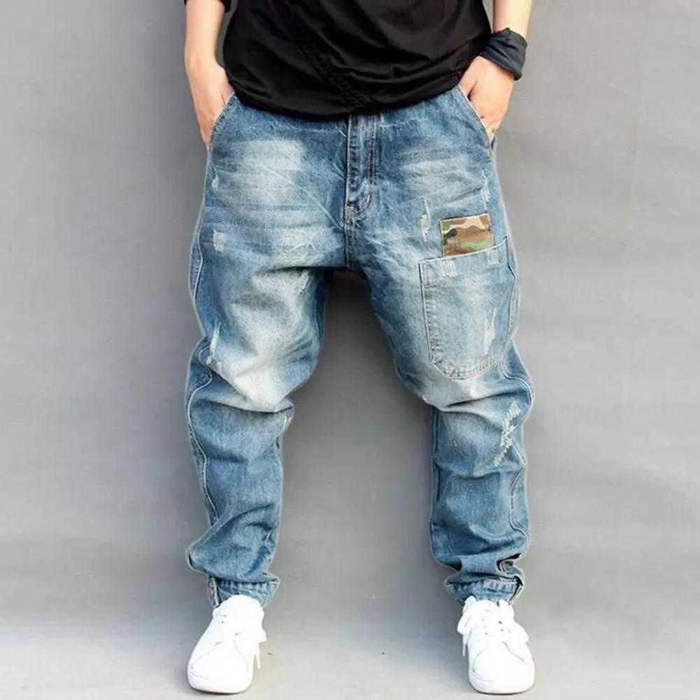 Man Pants Mid Waist Double Pocket Zip Closure Worn Man Jeans for Outdoor Activity X0621
