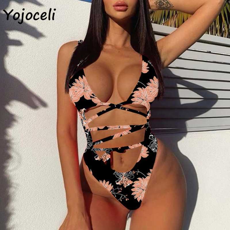 Yojoceli summer holiday floral print bandage bodysuit women hollow out sexy beachwear bikini 210609