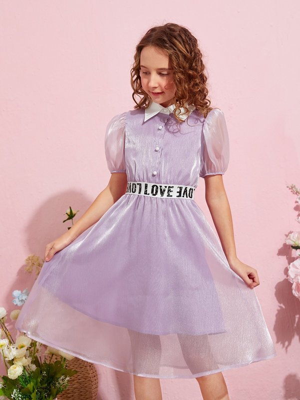 Girls Letter Tape Waist Puff Sleeve Mesh Dress SHE
